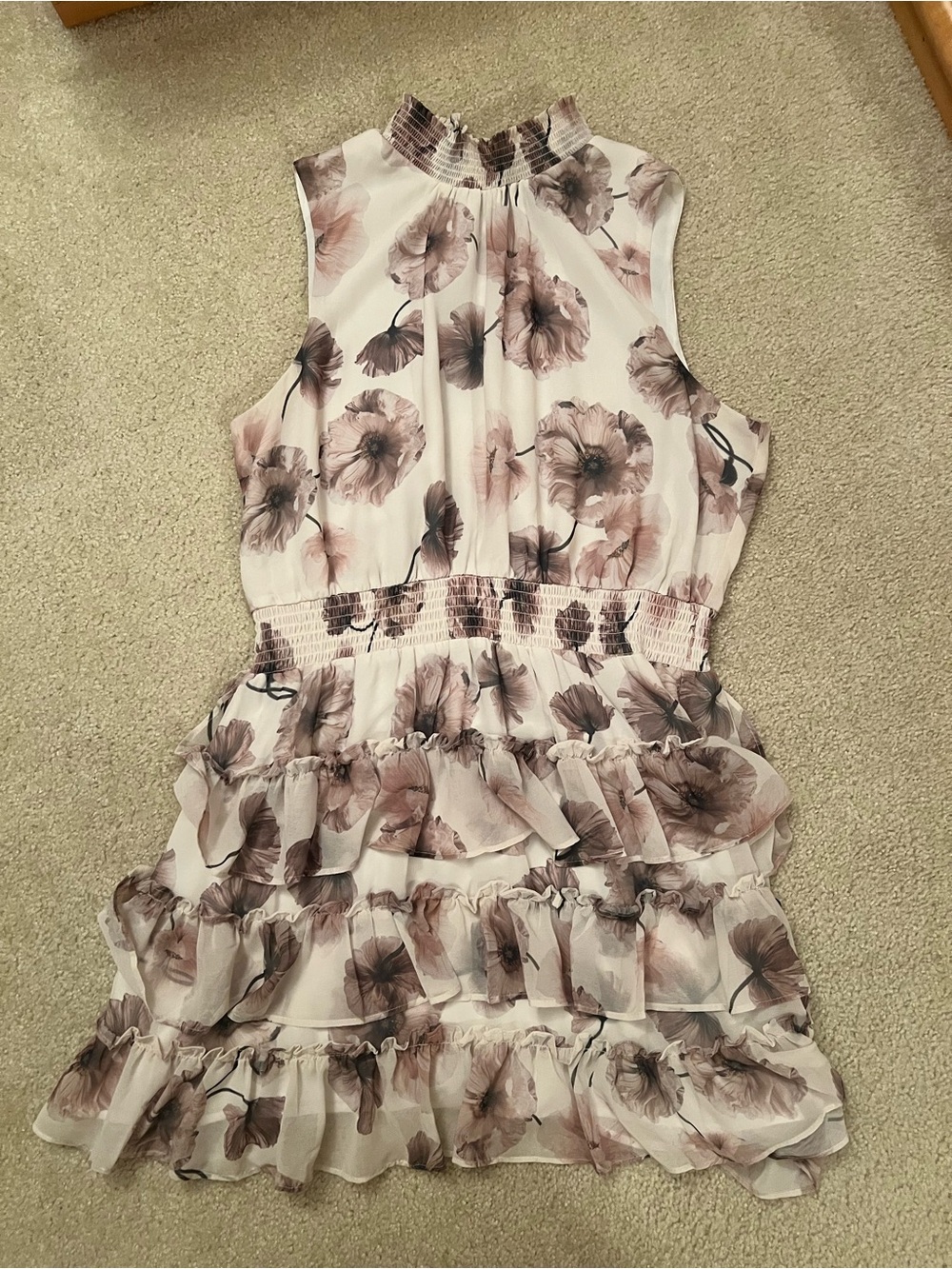 Express Floral Ruffle Mini Dress in Cream, Blush